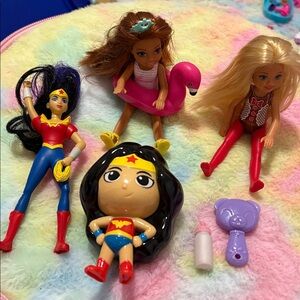 Bundle of 4 dolls Wonder Woman and Chelsie Friends Doll Set with accessories.